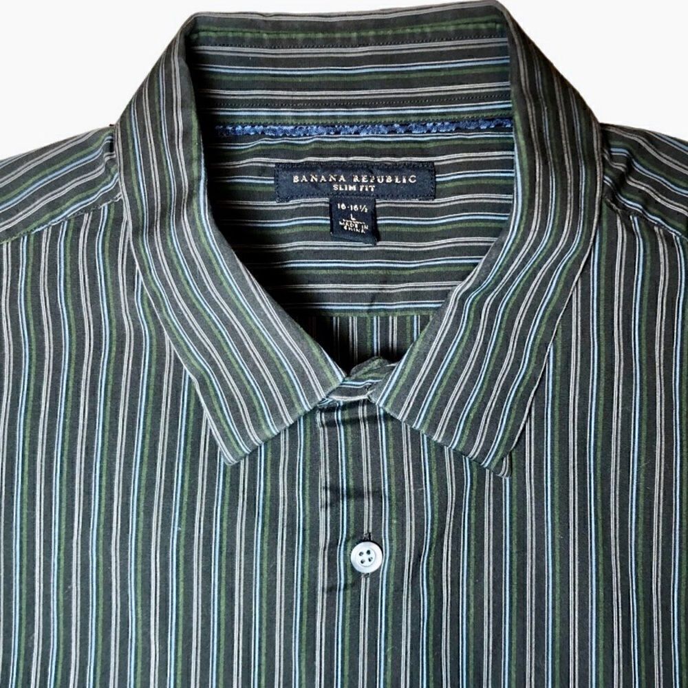 Banana Republic Slim Fit Striped Dress Shirt in Dark Grey/Green/Blue Men’s L